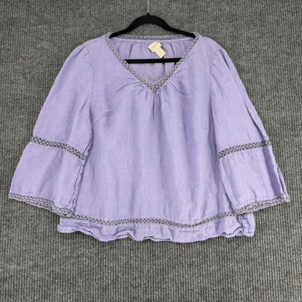 Y2K Chico's size XL lavender linen peasant blouse crochet trim boho top